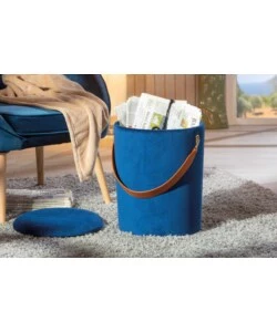 Pouf "secchiello" in velluto blu con maniglia, 35x35x45 cm